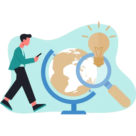 Man walking near world map  Illustration