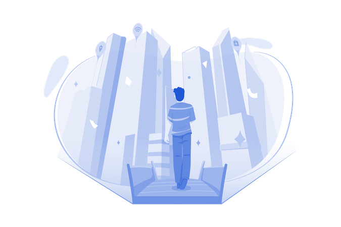 Man walking on digital bridge in Metaverse city  Illustration