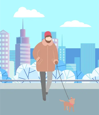 Man walking pet dog during winter  Illustration