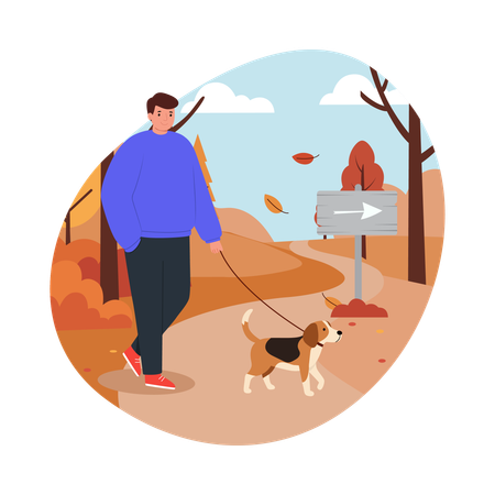 Man Walking the Dog in Autumn  Illustration
