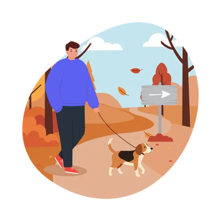 Man Walking the Dog in Autumn  Illustration