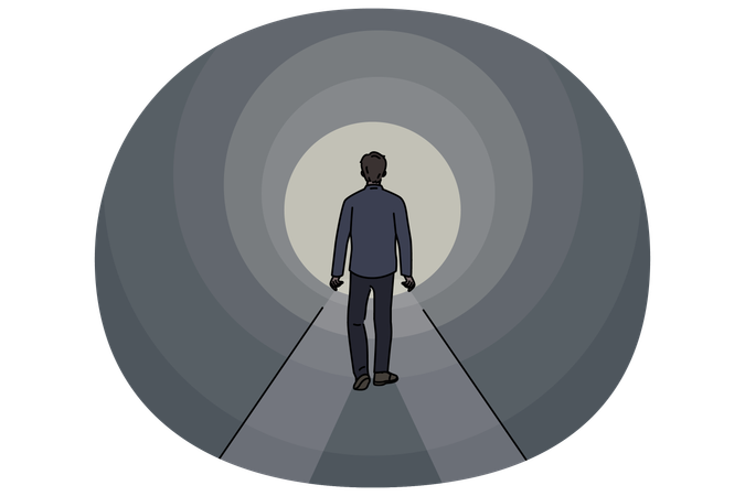Man walking through tunnel towards exit and striving to achieve success and get out problematic situation  Illustration