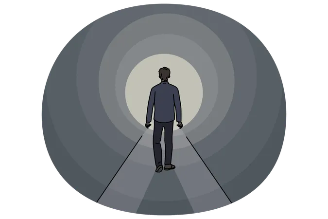 Man walking through tunnel towards exit and striving to achieve success and get out problematic situation  Illustration