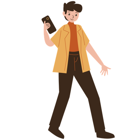 Man walking while holding cell phone  Illustration
