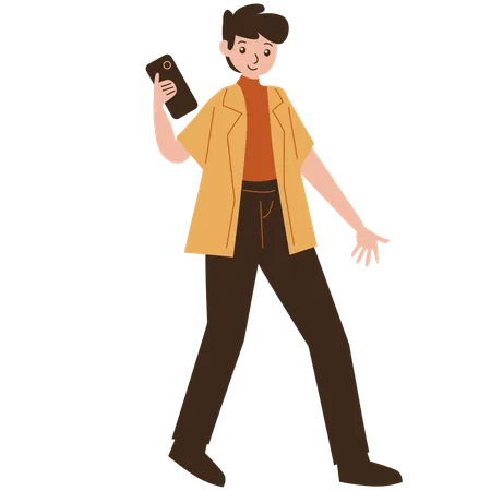 Man walking while holding cell phone  Illustration