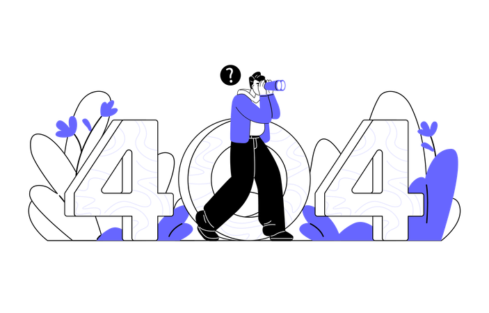404 号線を双眼鏡で何かを探しながら歩く男性  イラスト