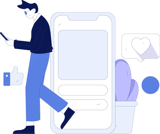 Man walking while looking social media comment using mobile  Illustration