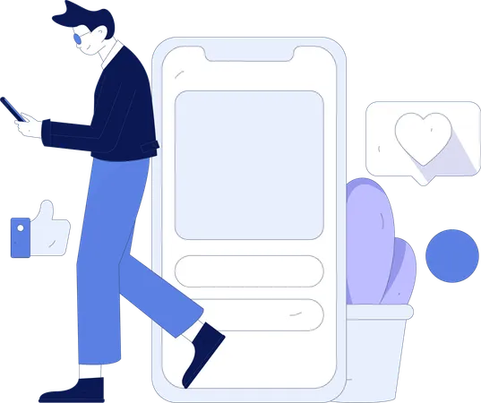Man walking while looking social media comment using mobile  Illustration