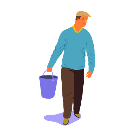 Man walking with bucket in his hand  Illustration