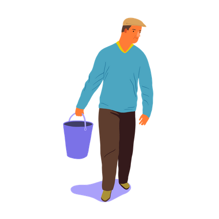 Man walking with bucket in his hand  Illustration
