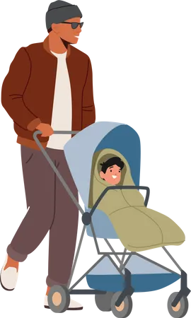 Man Walking With Child in Carriage  Illustration