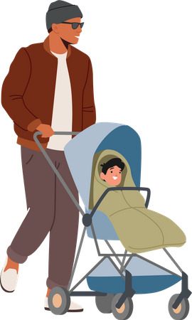 Man Walking With Child in Carriage  Illustration