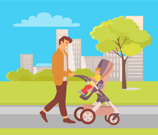 Man walking with child in stroller  Illustration