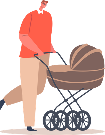 Man walking with child in stroller Illustration