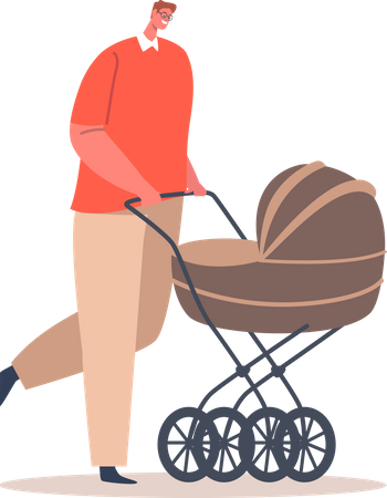 Man walking with child in stroller  Illustration