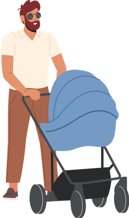 Man walking with child in stroller  Illustration