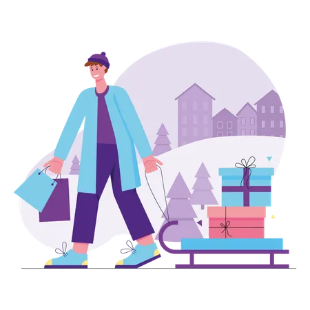 Christmas And Winter Activity Modern Flat Concept Happy Man Buys Gifts And Carries Gift Boxes On Sled Holiday Celebration At Wintertime Vector Illustration With People Scene For Web Banner Design Illustration