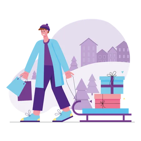 Man walking with christmas gifts  Illustration