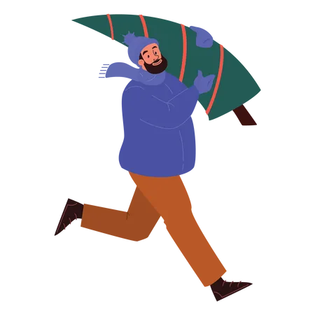 Man walking with Christmas tree  Illustration