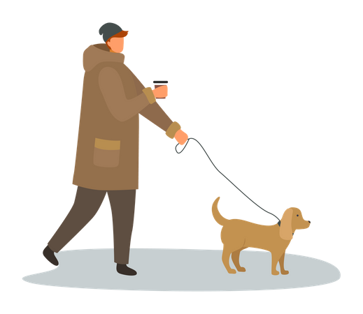 Man walking with dog during autumn season Illustration