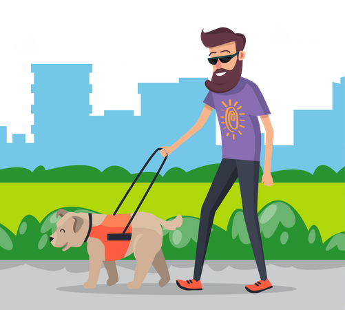 Man walking with dog in city park  Illustration