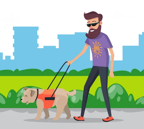Man walking with dog in city park  Illustration