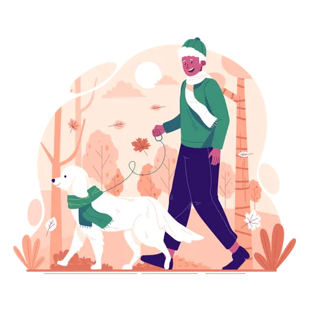 Man walking with dog in park in autumn  Illustration