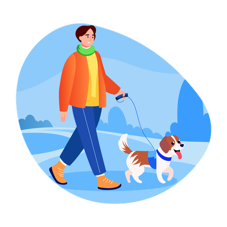 Man walking with dog in park  Illustration