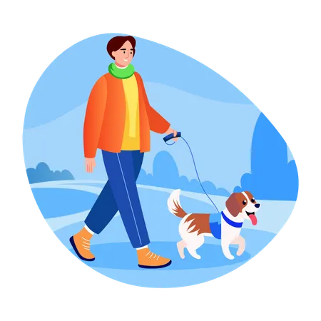 Man walking with dog in park  Illustration
