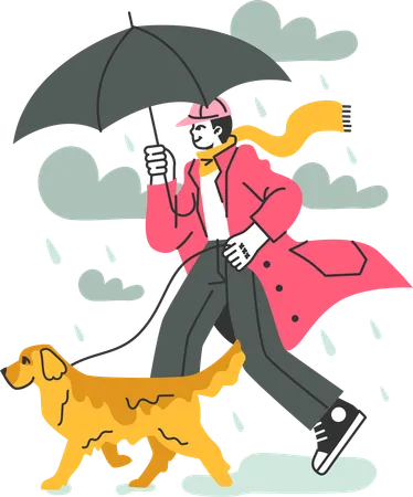 Man walking with dog in rainy weather  Illustration