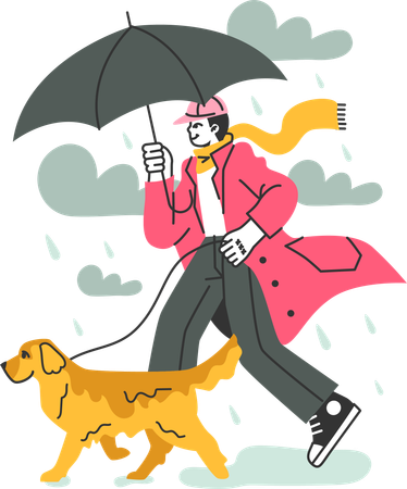 Man walking with dog in rainy weather  Illustration