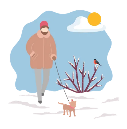 Man walking with dog in winter season  Illustration