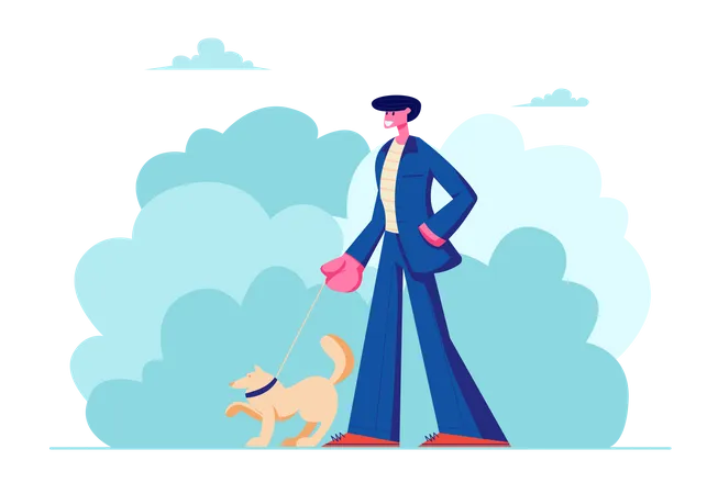 Man Walking with Dog Outdoors on Summertime Illustration