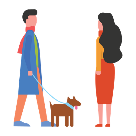 Man walking with dog while meeting friend  Illustration