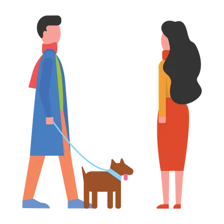 Man walking with dog while meeting friend  Illustration