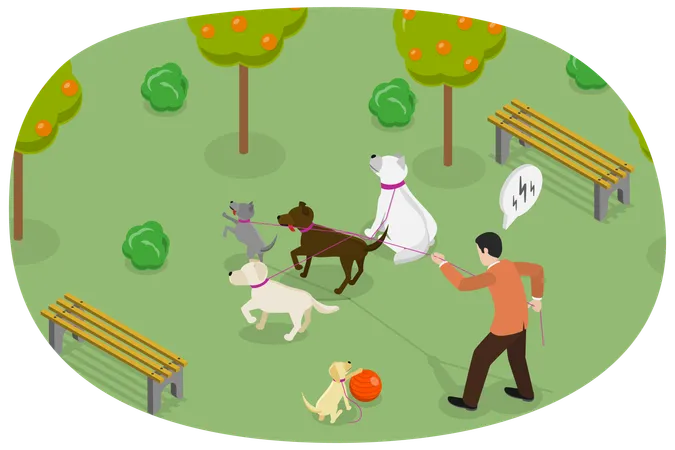 3 D Isometric Flat Vector Conceptual Illustration Of Walking With Dogs Strolling With Pets On A Leash Illustration