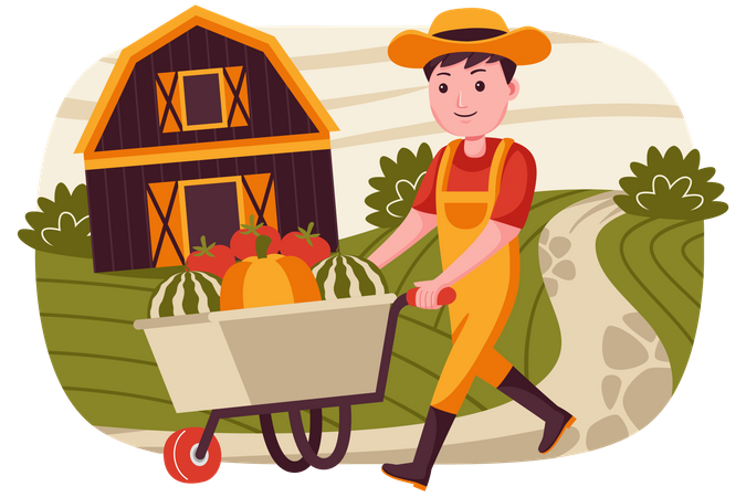 Man walking with fruit trolley  Illustration