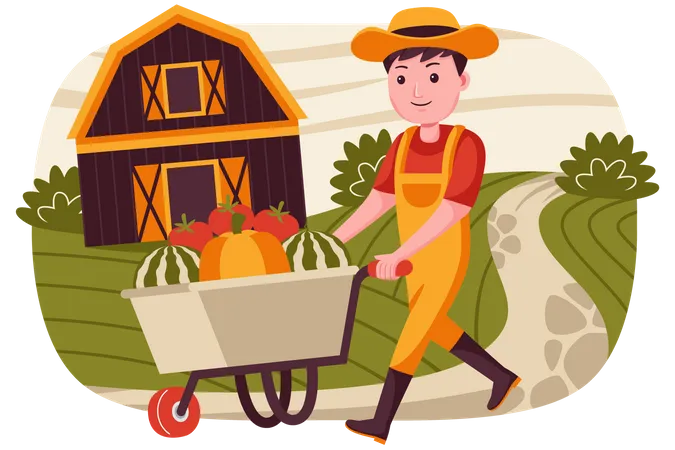 Man walking with fruit trolley  Illustration