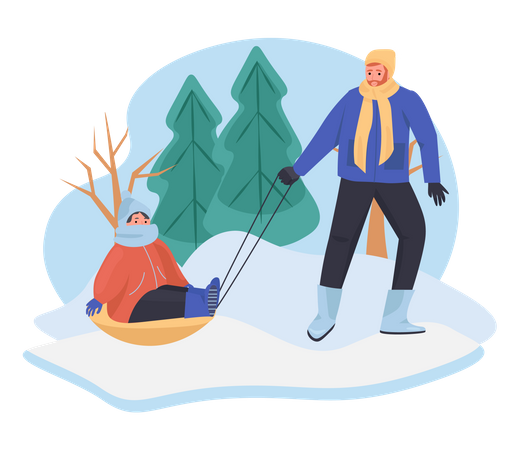 Couple enjoying sliding on sleigh in winter season Illustration