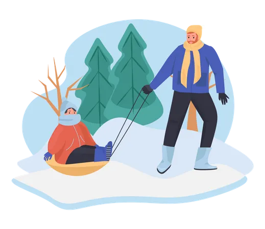 Couple enjoying sliding on sleigh in winter season Illustration