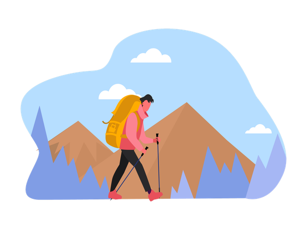 Man walking with Hiking stick while going for mountain trekking  Illustration