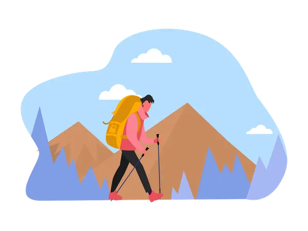 Man walking with Hiking stick while going for mountain trekking  Illustration