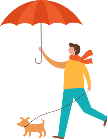 Man walking with his dog while holding umbrella Illustration