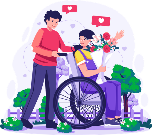 Man walking with his girlfriend who carrying flowers sitting in wheelchair for a walk in park  Illustration