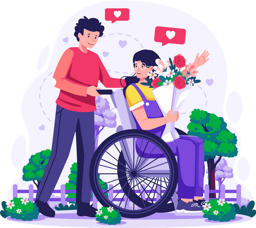 Man walking with his girlfriend who carrying flowers sitting in wheelchair for a walk in park  Illustration