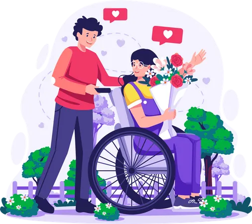 Man walking with his girlfriend who carrying flowers sitting in wheelchair for a walk in park  Illustration