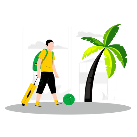 Man walking with luggage at beach  Illustration