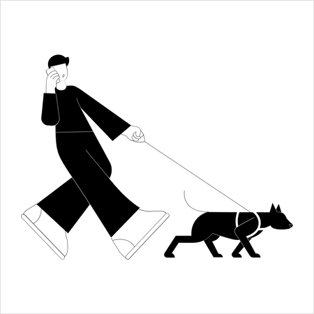 Man walking with pet while talking on call  Illustration