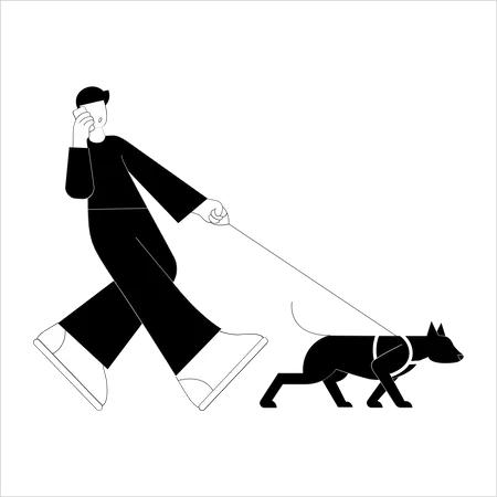 Man walking with pet while talking on call  Illustration