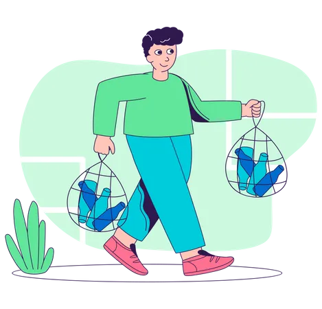 Man walking with plastic bottles  Illustration